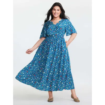 Bloomchic Women's Plus Size Floral Print Pockets Tiered Maxi Dress Mediumblue Floral Maxi Casual Gathered 12/l