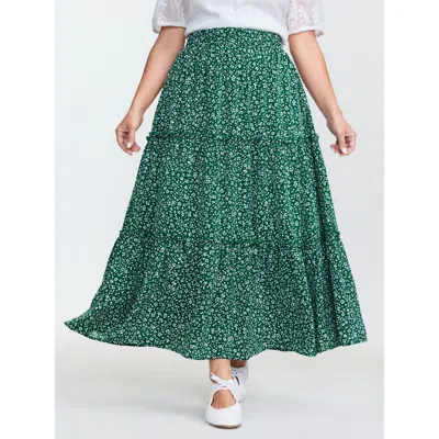 Bloomchic Women's Plus Size Floral Print Pockets Tiered Maxi Skirt Darkgreen Ruffles Non Casual 12/l In Green