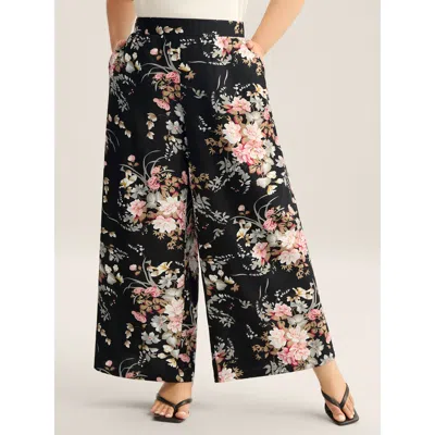 Bloomchic Women's Plus Size Floral Print Pockets Wide-leg Pants Blackflower Floral Wide Leg Mid Rise Casual 10