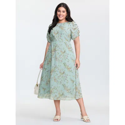 Bloomchic Women's Plus Size Floral Print Puffy Sleeve Midi Dress Mint Ditsy Floral Midi Elegant Gathered 18-20 In Green