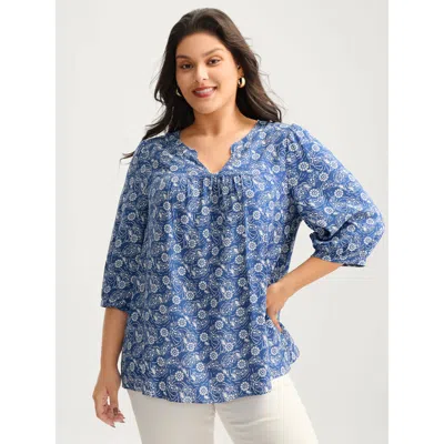 Bloomchic Women's Plus Size Floral Print Quarter Sleeve Blouse Navy Ditsy Floral Casual 3/4 Sleeve V-notch Nec In Blue