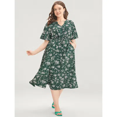 Bloomchic Women's Plus Size Floral Print Raglan Sleeve Pocket Drawstring Ruffles Dress Armygreen Dailywear Dra