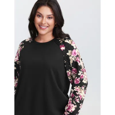 Bloomchic Women's Plus Size Floral Print Raglan Sleeve Sweatshirt Black Not Graphics Casual Round Neck 10/m