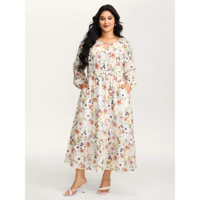 Bloomchic Women's Plus Size Floral Print Rayon Cut-out Neck Maxi Dress Beige Floral Maxi Elegant 10/m In Sand