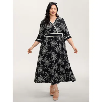 Bloomchic Women's Plus Size Floral Print Rayon Pockets Wrap Maxi Dress Black Floral Maxi Vacation 10/m