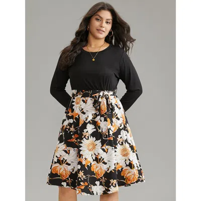 Bloomchic Women's Plus Size Floral Print Rib Knit Belted Dress Black Dailywear Rib Knit 22-24/3x