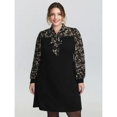 Bloomchic Women's Plus Size Floral Print Ribbon Neck-tie Knee Dress Black Floral Short Elegant 10/m