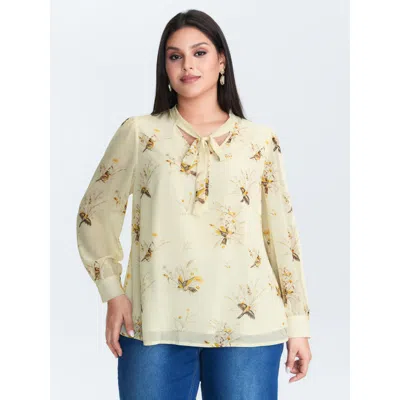 Bloomchic Women's Plus Size Floral Print Ribbon-tie Neckline Blouse Whitesmoke Floral Office Long Sleeve 22-24