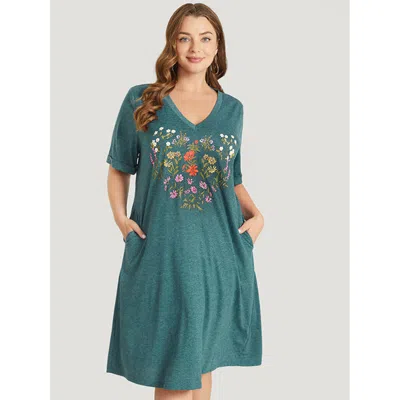 Bloomchic Women's Plus Size Floral Print Roll Sleeve Pocket V Neck Dress Emerald Floral Midi Everyday Non 10/m In Green