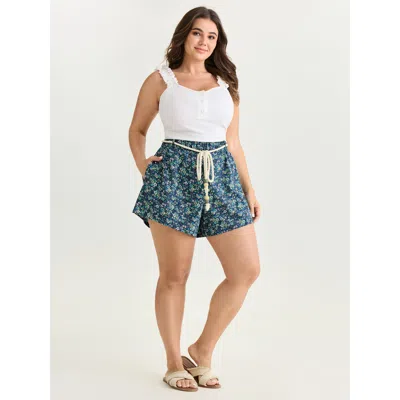 Bloomchic Women's Plus Size Floral Print Rope Tie Waist Shorts Darkblue Vacation Bermuda Bowknot Shorts 10/m In Blue