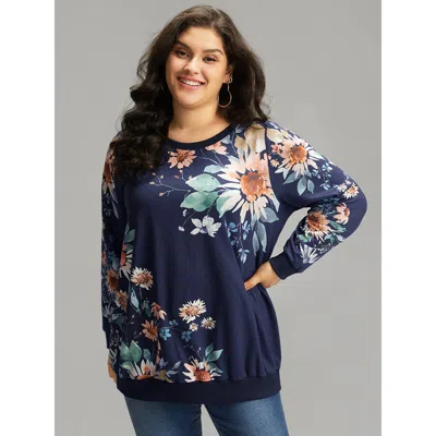 Bloomchic Women's Plus Size Floral Print Round Neck Sweatshirt Indigo Floral Dailywear 10/m In Purple