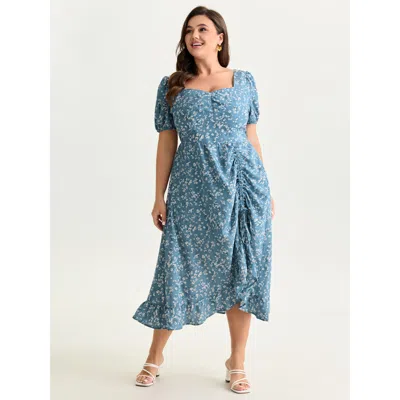 Bloomchic Women's Plus Size Floral Print Ruched Adjustable Drawstring Hem Midi Dress Stone Ditsy Floral Maxi E In Gray