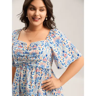 Bloomchic Women's Plus Size Floral Print Ruched Bodice Blouse Skyblue Botanical Elegant Short Sleeve Square Ne In Blue