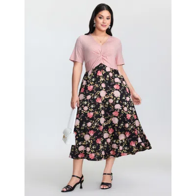 Bloomchic Women's Plus Size Floral Print Ruched Bodice Midi Dress Mistyrose Floral Midi Elegant Colorblock 30/
