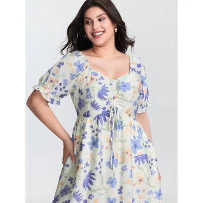 Bloomchic Women's Plus Size Floral Print Ruched Bodice Ruffled Short Dress Beige Floral Short Casual Tie Knot  In Sand
