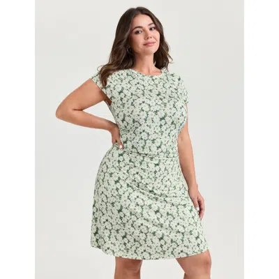 Bloomchic Women's Plus Size Floral Print Ruched Bodycon Fit Mini Dress Greenbean Ditsy Floral Knee Casual Gath