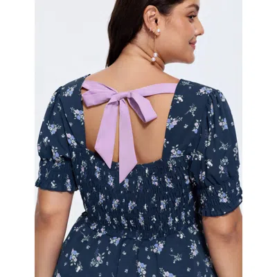 Bloomchic Women's Plus Size Floral Print Ruched Fit And Flare Blouse Darkblue Ditsy Floral Elegant Short Sleev In Blue