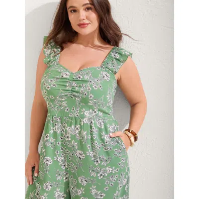 Bloomchic Women's Plus Size Floral Print Ruched Flutter Detail Jumpsuit Greenbean Vacation 18-20/2x