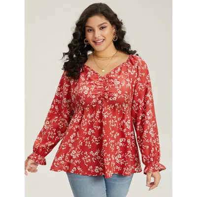 Bloomchic Women's Plus Size Floral Print Ruched Lantern Sleeve Blouse Rust Dailywear Long Sleeve 18-20/2x In Brown
