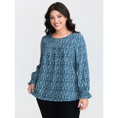 Bloomchic Women's Plus Size Floral Print Ruched Round Neck Blouse Cerulean Ditsy Floral Casual Long Sleeve 10/ In Blue