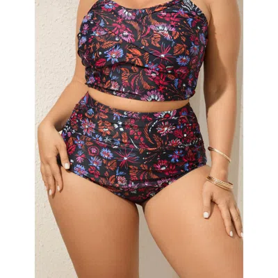 Bloomchic Women's Plus Size Floral Print Ruched Swim Bottoms Black Botanical Booty Ruched Elastic Waist 14-16/