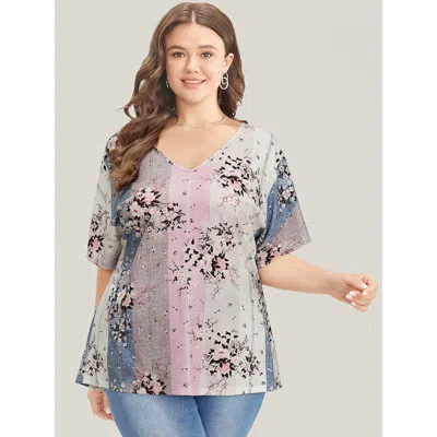 Bloomchic Women's Plus Size Floral Print Ruffle Sleeve Striped Contrast T-shirt Mistyrose Dailywear Short Slee