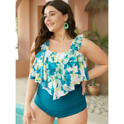Bloomchic Floral Print Ruffle Trim Square Neck One Piece Swimsuit In Green
