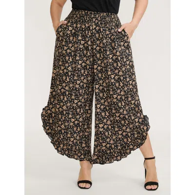 Bloomchic Women's Plus Size Floral Print Ruffled Asymmetrical Hem Pants Blackflower Ditsy Floral Wide Leg Mid 