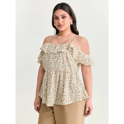 Bloomchic Women's Plus Size Floral Print Ruffled Cold Shoulder Blouse Ivory Elegant Short Sleeve Off-shoulder  In White