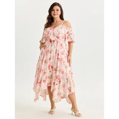 Bloomchic Women's Plus Size Floral Print Ruffled Cold-shoulder Midi Dress Lightpink Floral Length Elegant 10/m