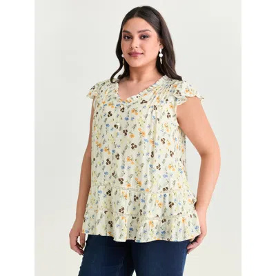 Bloomchic Women's Plus Size Floral Print Ruffled Detail Lace Blouse Beige Casual Cap Sleeve 10/m In Sand