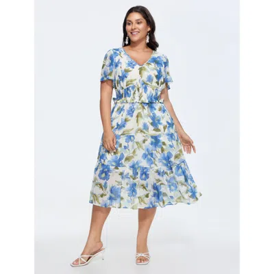 Bloomchic Women's Plus Size Floral Print Ruffled Edge Cinched-waist Midi Dress Skyblue Ditsy Floral Maxi Elega In Blue