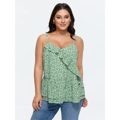 Bloomchic Women's Plus Size Floral Print Ruffled Edge Tank Top Greenbean Elegant Relaxed Fit Straight Fit V-ne