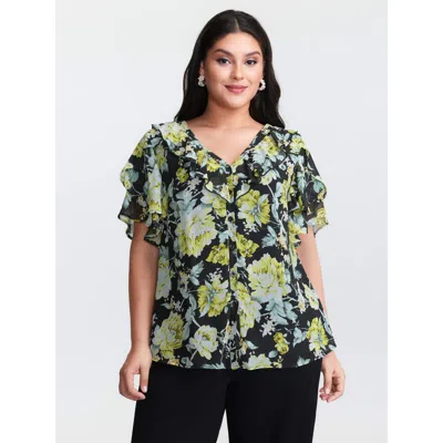 Bloomchic Women's Plus Size Floral Print Ruffled Edges Blouse Blackflower Ditsy Floral Elegant Short Sleeve 22