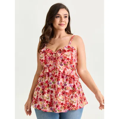 Bloomchic Women's Plus Size Floral Print Ruffled Edges Tank Top Brightred Elegant Fitted Fit & Flare V-neck 14