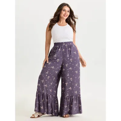 Bloomchic Women's Plus Size Floral Print Ruffled Hem Pants Darkblue Ditsy Floral Wide Leg Mid Rise Vacation 22 In Blue