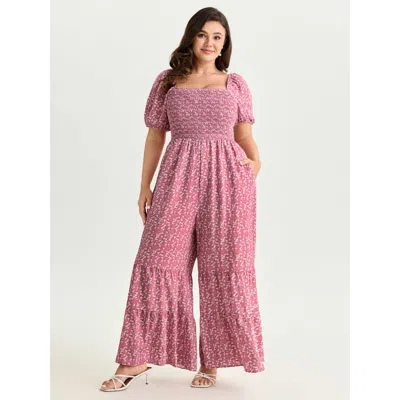 Bloomchic Women's Plus Size Floral Print Ruffled Hem Square Neckline Jumpsuit Beanpastepowder Elegant 12/l