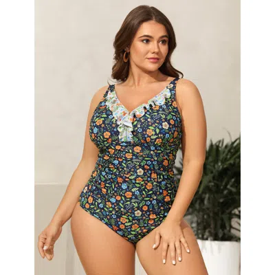 Bloomchic Women's Plus Size Floral Print Ruffled Lace One-piece Swimsuit Indigo Floral Ruffles Adaptive-fit 28 In Purple