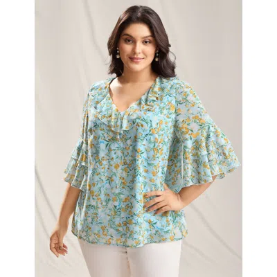 Bloomchic Women's Plus Size Floral Print Ruffled Layered Sleeve Blouse Lightblue Floral Elegant Short Sleeve 1 In Blue