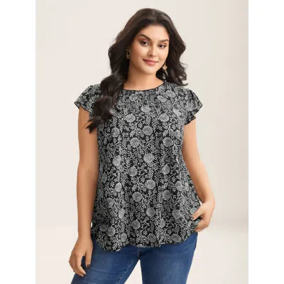 Bloomchic Women's Plus Size Floral Print Ruffled Neck Blouse Black Ditsy Floral Vacation Short Sleeve Mock Nec