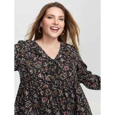 Bloomchic Women's Plus Size Floral Print Ruffled Neck Blouse Black Floral Vacation Extra Long Sleeve 12/l