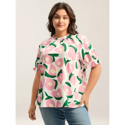 Bloomchic Women's Plus Size Floral Print Ruffled Neck Puffy Sleeve Blouse Originalwhite Floral Casual Short Sl