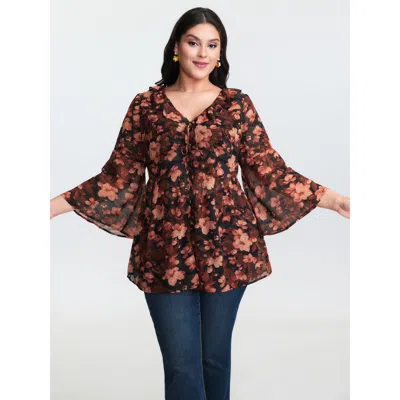 Bloomchic Women's Plus Size Floral Print Ruffled Neckline Blouse Blackflower Ditsy Floral Elegant Long Sleeve 
