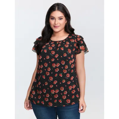 Bloomchic Women's Plus Size Floral Print Ruffled Sleeve Textured Blouse Blackflower Ditsy Floral Elegant Short