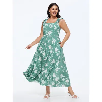 Bloomchic Women's Plus Size Floral Print Ruffled Straps Flowy Maxi Dress Greenbean Floral Maxi Elegant 12/l
