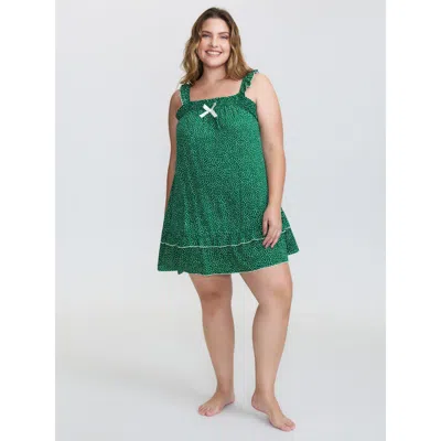 Bloomchic Women's Plus Size Floral Print Ruffled Straps Lounge Mini Nightgown Darkgreen Sleeveless Short 10/m In Green