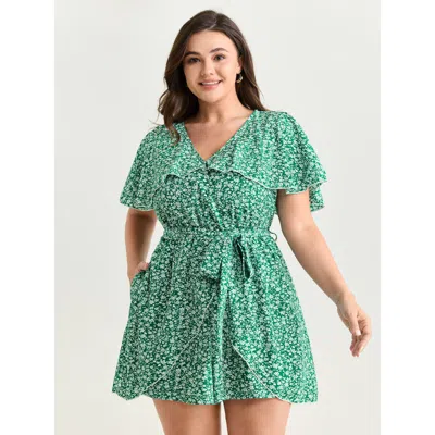 Bloomchic Women's Plus Size Floral Print Ruffled Wrap Hem Romper Truegreen Elegant Fitted 10/m