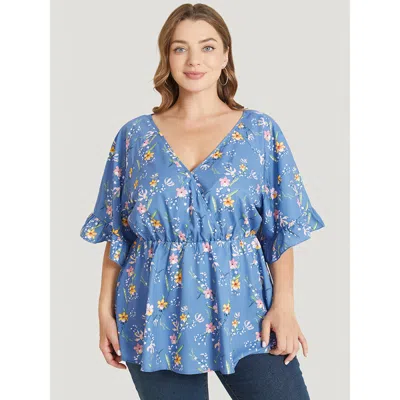 Bloomchic Women's Plus Size Floral Print Ruffles Flounce Sleeve Surplice Neck Blouse Stone Dailywear Short Sle In Gray