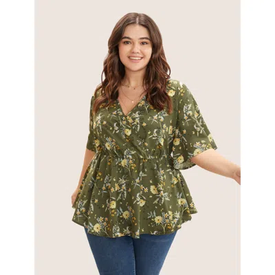 Bloomchic Women's Plus Size Floral Print Ruffles Surplice Neck Blouse Moss Floral Elegant Short Sleeve V-neck  In Green