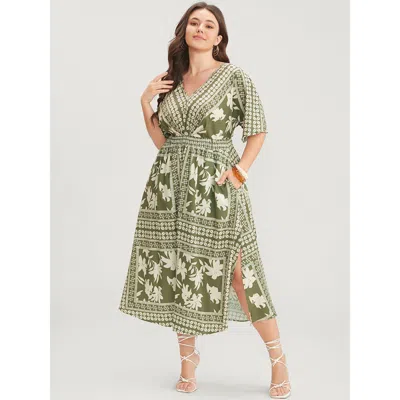 Bloomchic Women's Plus Size Floral Print Ruffles V Neck Shirred Pocket Split Hem Dress Mint Dailywear Pocket 3 In Green